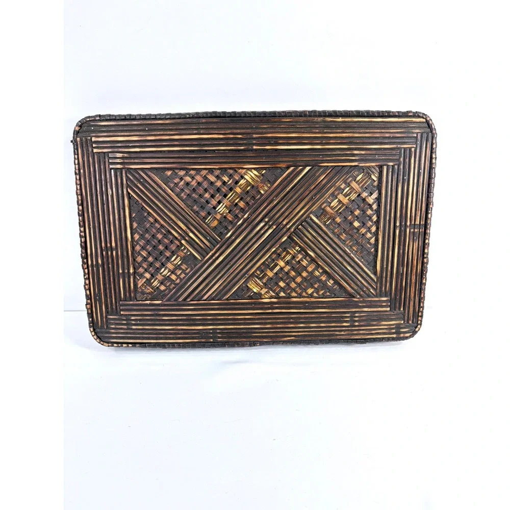 Vintage Woven Rattan Bamboo Serving Tray Brown Burnt Geometric Basketweave 16in‎